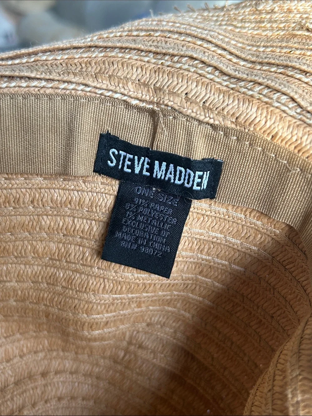 Steve Madden Tan Straw Floppy Sun Hat with Brown Braided Band